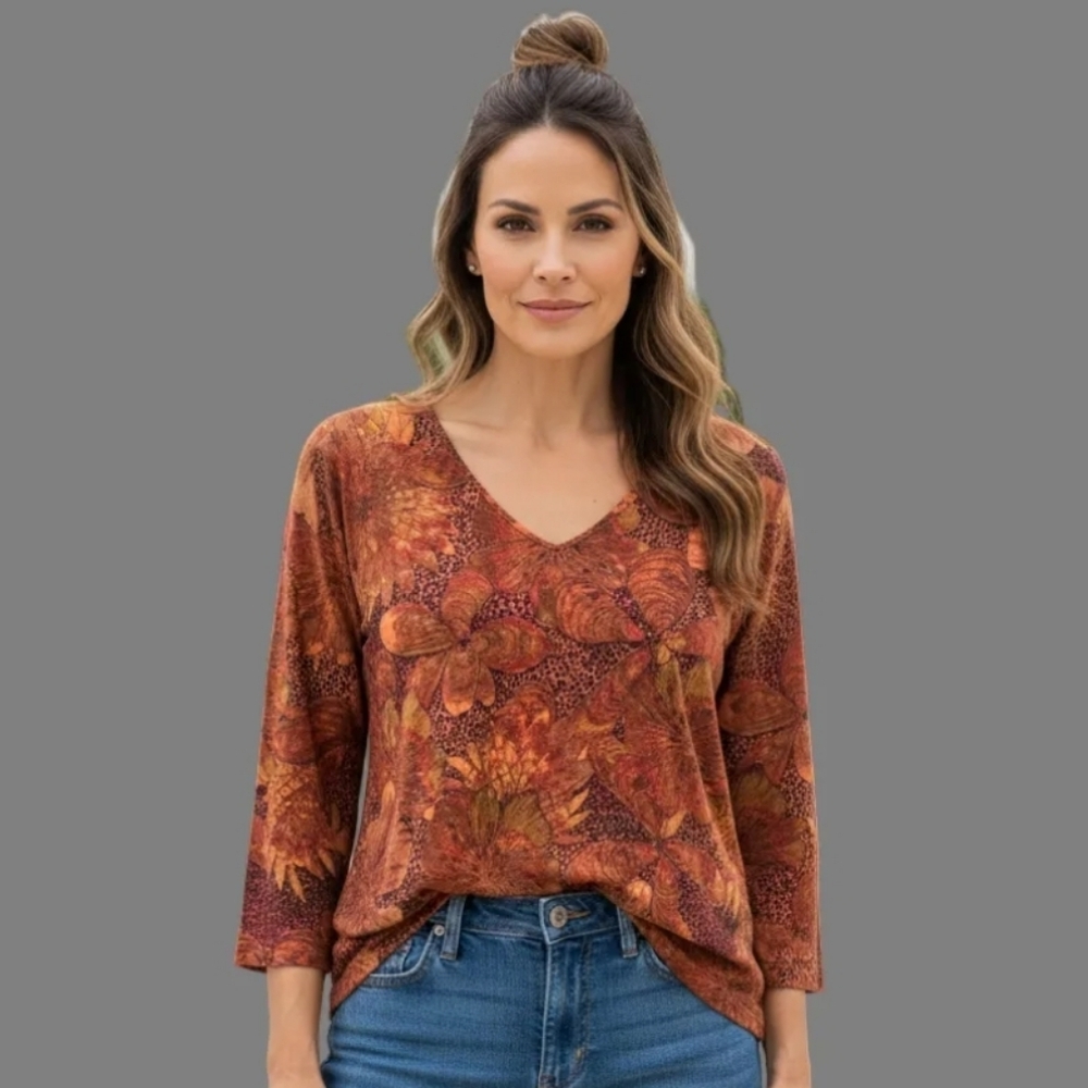 Chico's Women's Floral V-Neck Top - Red and Orange Size 2